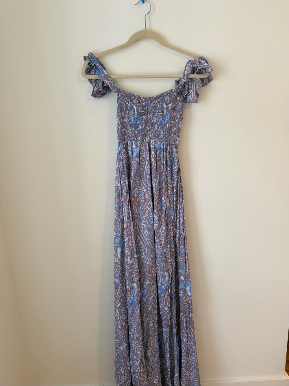 Off-Shoulder Blue Paisley Maxi Dress